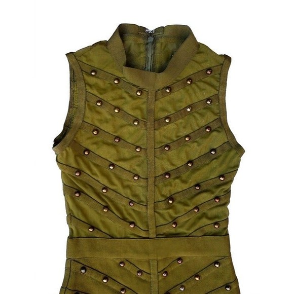 Olive Green Sleeveless Halter Mesh Ribbed Bodycon Bronze Studded Dress Sz Small - Picture 3 of 7